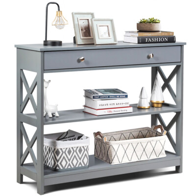 Costway 3-Tier Console Table Sideboard Entryway Table Desk w/Drawer Shelves Gray