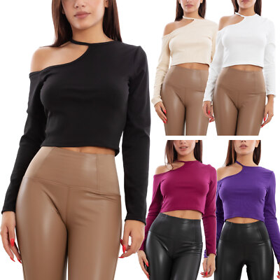 TOOCOOL VI-3526 Women's Nude Shoulder Long Sleeve Crop Top T-Shirt