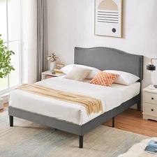 Bed Frame w/ Adjustable Fabric Headboard Twin/Full/Queen Size Wood Slat Support