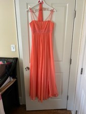 David's Bridal Coral Bridesmaid/Prom Dress with Built-In Beaded Belt.