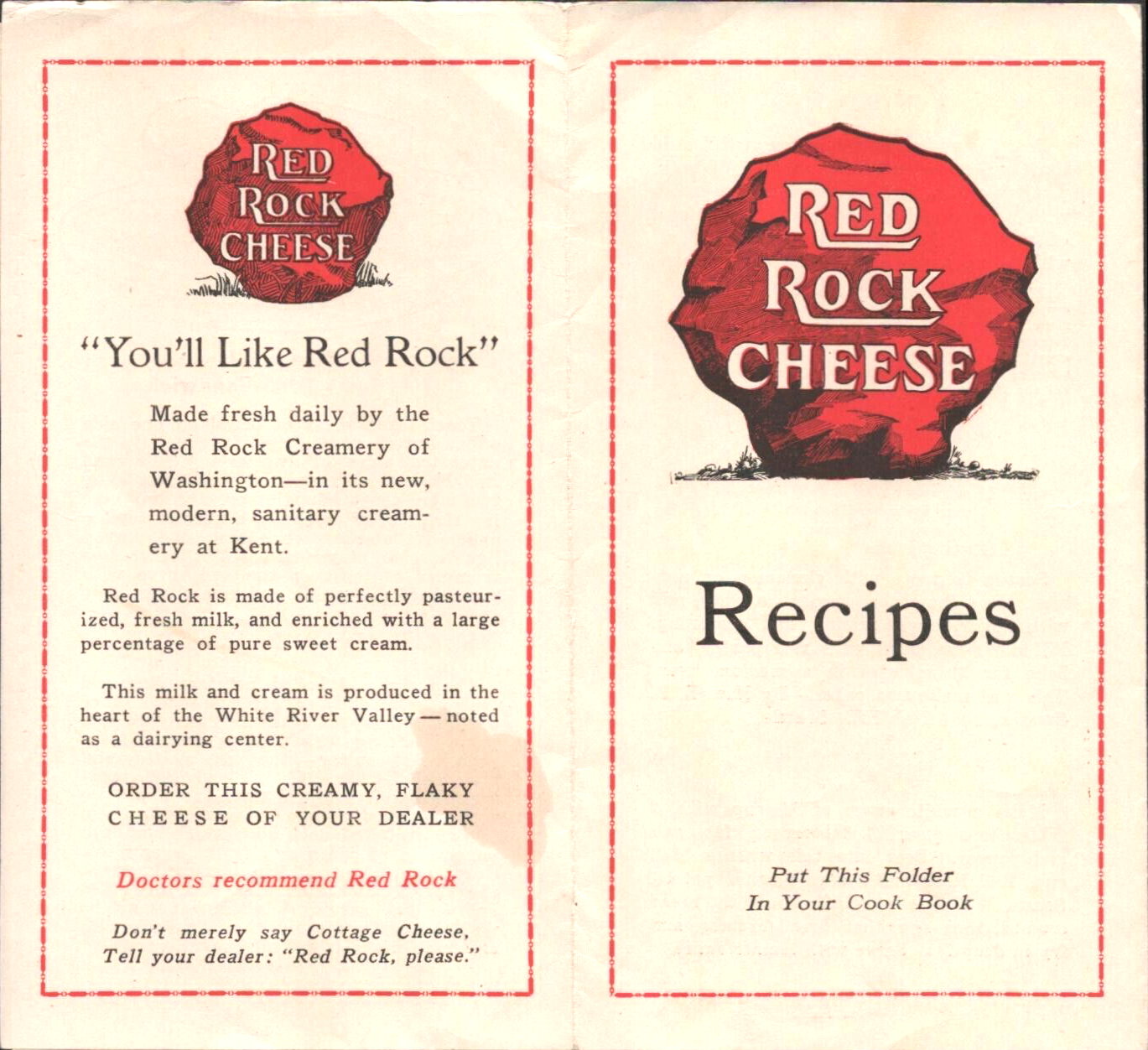 1930s RED ROCK CHEESE creamery advertising recipe pamphlet KENT, WASHINGTON