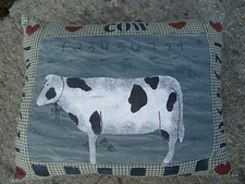 Cow Pillow American Primitive Folk Art numbers hearts signed JB dated 1994