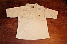 Boy Scouts of America BSA Youth Shirt Tan Large Sewn Patches Short Sleeve