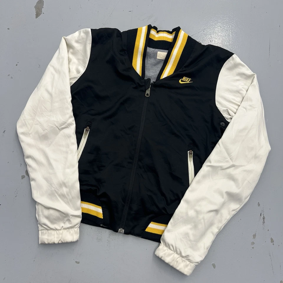 Vintage Nike Satin Reversible Black White Gray Varsity Bomber Jacket Youth Sz M - Image 2 of 4