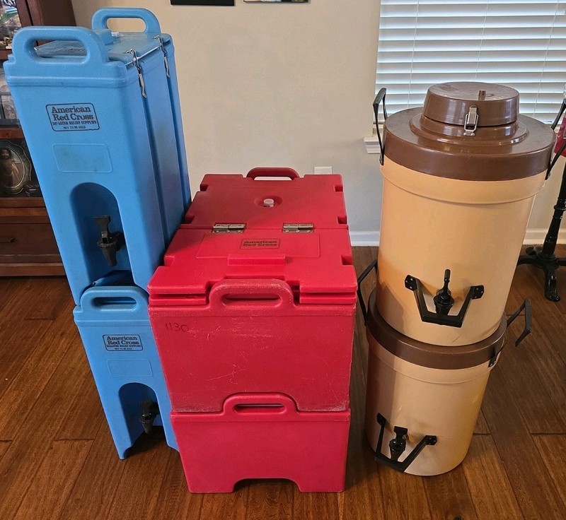 Two Cambro Camcarriers With 1 Pan, Two Hot  Bev. And Two Cold Bev. Containers
