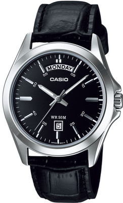 CASIO Mens Analog Watch Day Date Wide Display Leather Strap 50M WR MTP-1370L-1AV