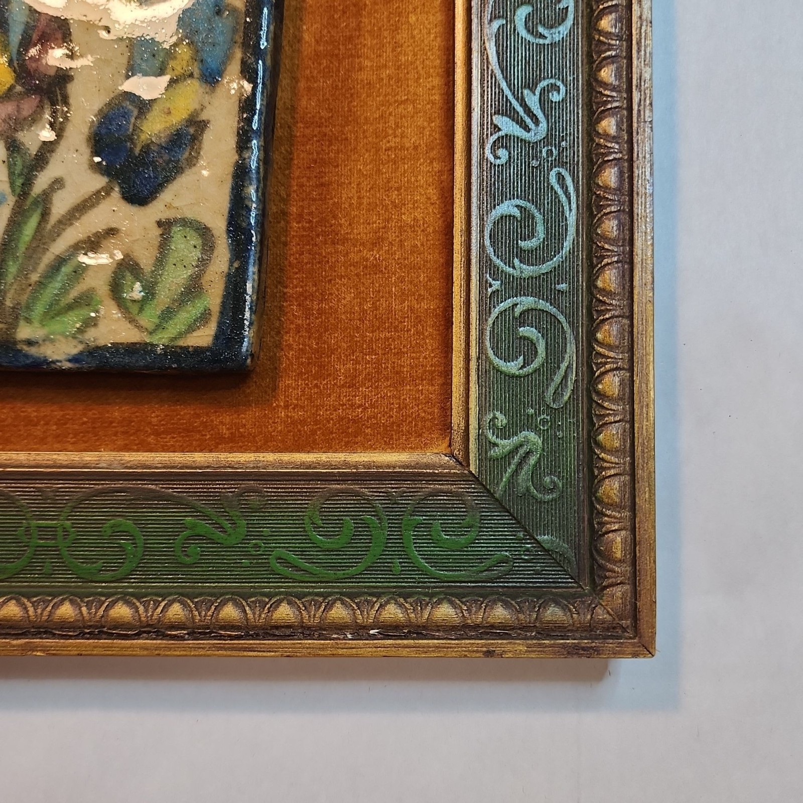 Hand-Painted VTG Persian Style Tile Wall Art Ornate Wooden Frame Floral MCM