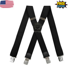 Mens Suspenders Heavy Duty 50mm Braces Biker Black Elastic Wide Adjustable