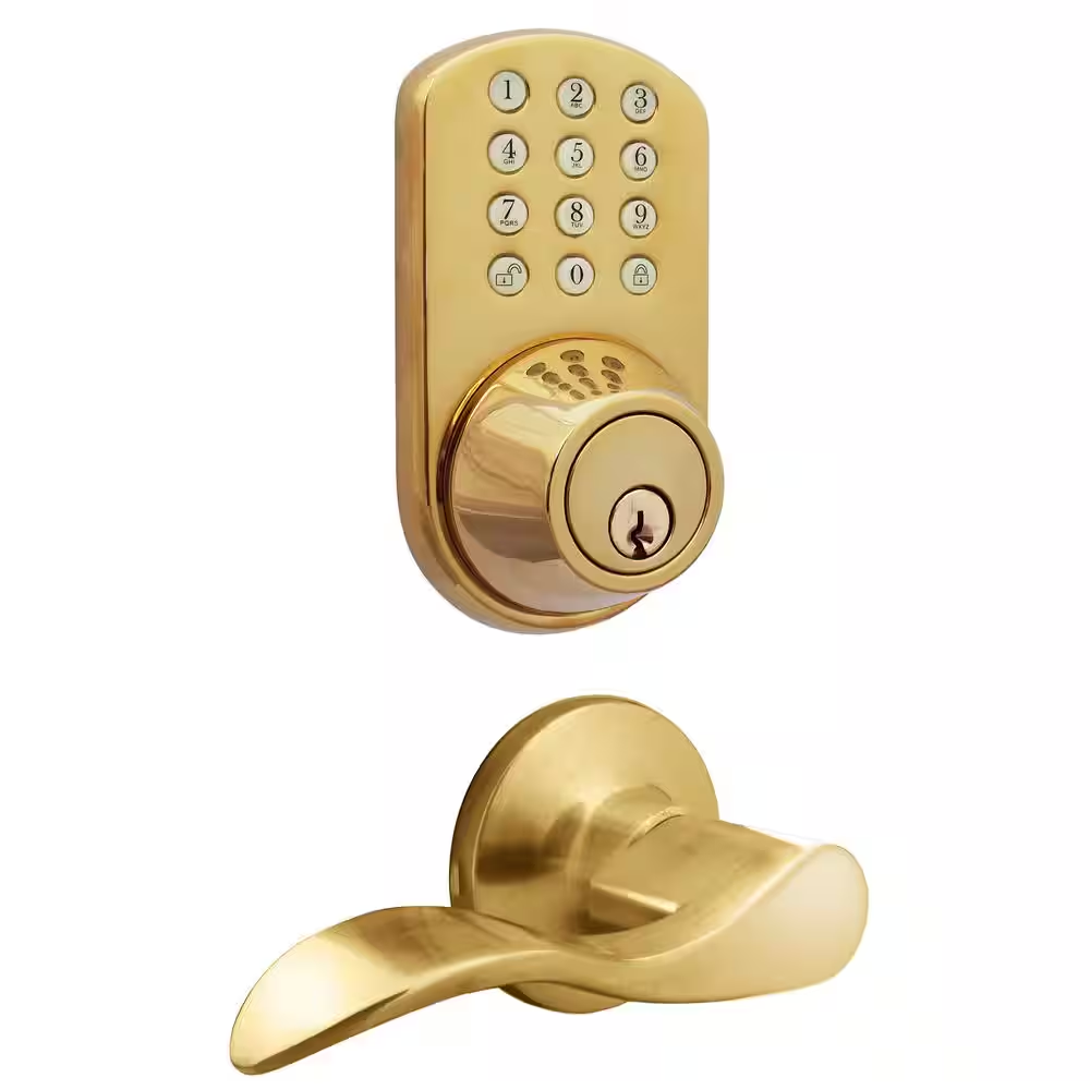 Polished Brass Keyless Entry Deadbolt and Lever Handle Door Lock with Electronic-image