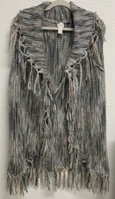 Chico  s Sz 2 L Wool Blend Cozy Drama Fringe Nolan Sweater Vest Cardigan
