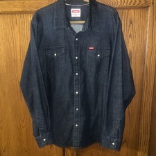 Wrangler denim pearl snap western shirt men's dark wash solid cowboy XL
