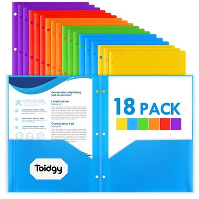 18 Pack 2 Pocket Folders with 3 Red, Orange, Yellow, Green, Blue, Purple