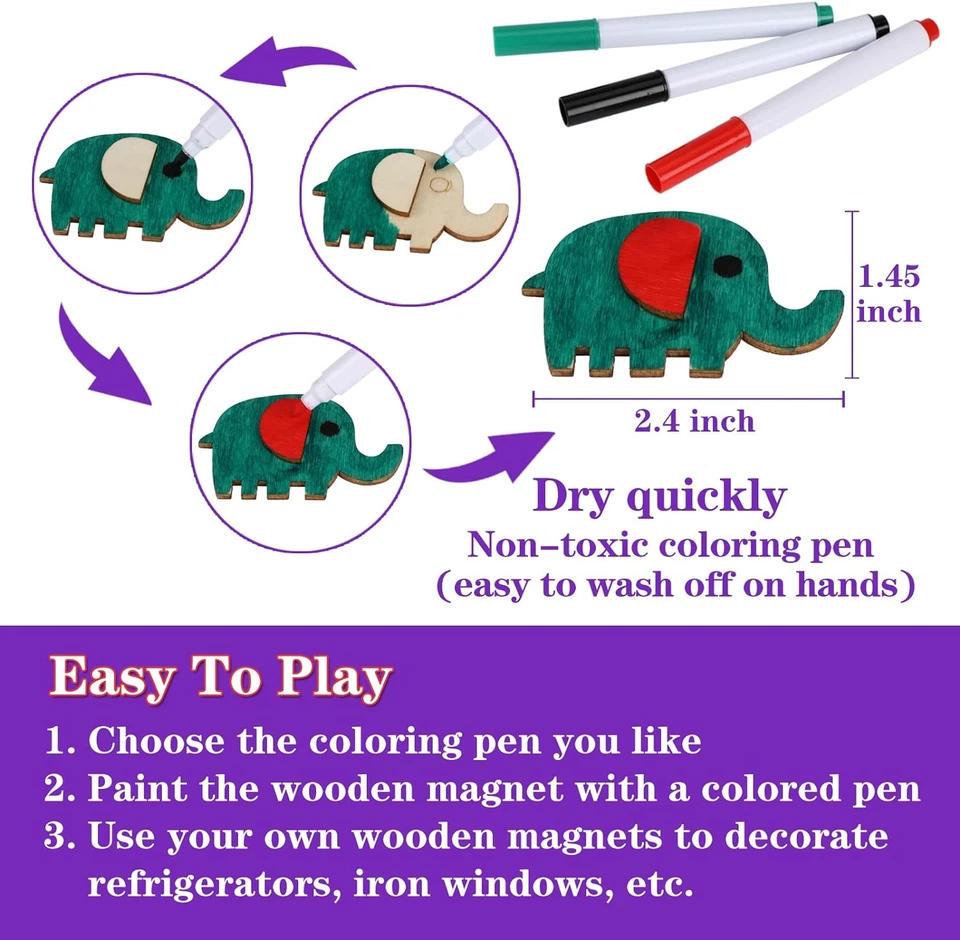 DIY Wooden Magnets, 36 Pcs Wooden Art Craft Supplies Painting Kit for Kids Party - Image 3 of 4