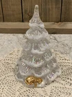 Vintage 4.5” Fenton Flocked Clear Iridescent Christmas Tree w/Gold Cat At Bottom