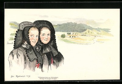 Künstler-AK Rottweil am Neckar, Landschaftsbild mit Mädchen in Volkstrachten au 
