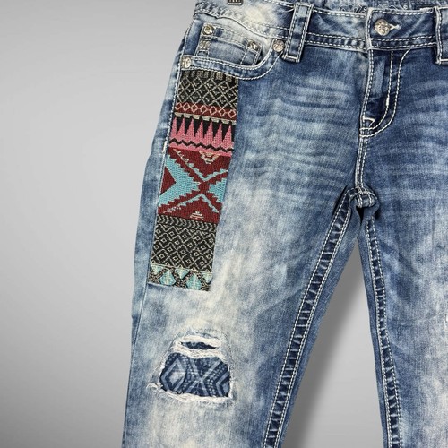 Miss Me Cuffed Capri Jeans Womens 29 Acid Wash Tapestry Patched Distressed Boho - Picture 3 of 9