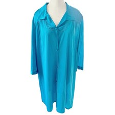 Vanity Fair Nightgown Women Large Turquoise Blue Button Front Embroidered VTG