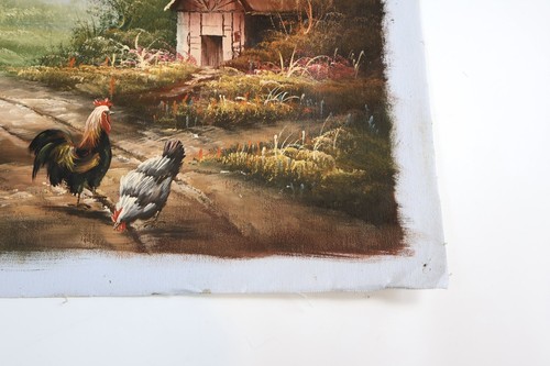 Vintage Oil Landscape Painting Chickens Farm Original 20” X 17” - Picture 4 of 6