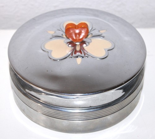 Art Deco Chrome BOX Glass and Chrome HEART Bakelite Handle Enamels Hearts