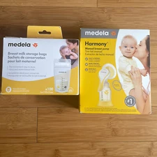 medela harmony manual breast pump w/personal-fit flex+100pc milk storage bags