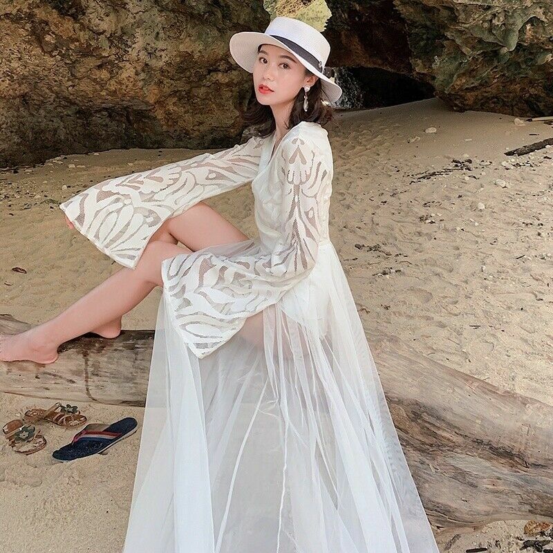 Women Wrap Dress Maxi Thin Lace Sheer Beach Summer Sun Protect See-through  | eBay