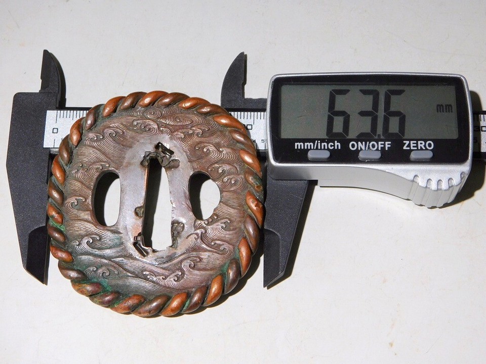 Rare Design Wave and Spiral Mimi Great Carving Tsuba Edo original tsuba ...