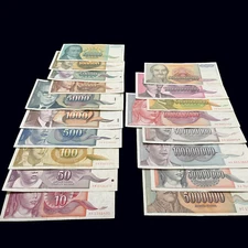 Yugoslavia 18 Banknote Set Hyperinflation 5 50 100 500 Million Billion Dinara