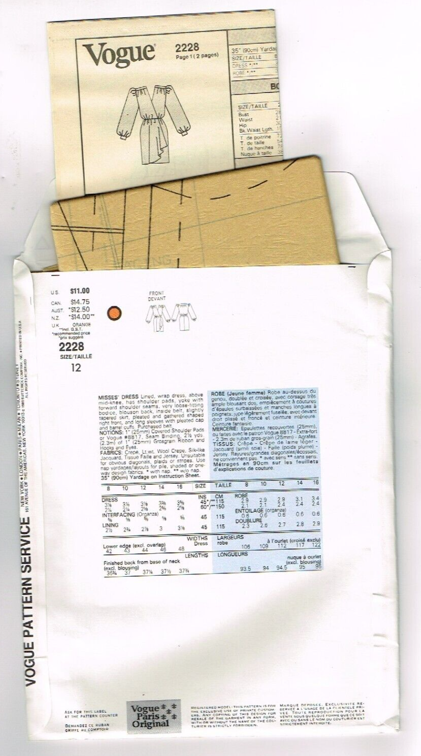 Abito avvolgente Yves Saint Laurent Vogue Paris modello originale 2228 taglia 12 anni '80 UNC