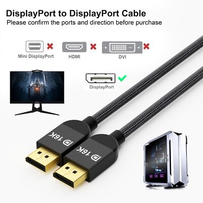 Displayport Cable 2.1 10ft 80Gbps UHBR20 16K@60Hz 8K@120Hz 4K