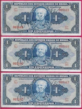 BRAZIL 1 CRUZEIRO 1944 SERIE 71A,SOME STAINS,HAND-SIGNATURE,PORTRAIT OF JOAQUIM