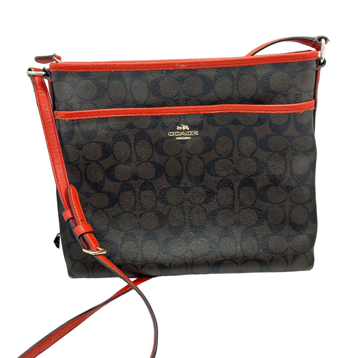 Coach Signature Crossbody Coated Canvas Brown Orange / Red 