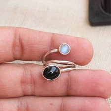 Rainbow Moonstone and Black Onyx Ring,925 Sterling Silver Handmade,Stack Jewelry