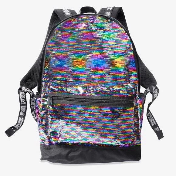 Victoria Secret ROSA Arco Iris Lentejuelas Bling Campus Mochila Viaje Equipaje de Mano Escuela Foto 3 de 4