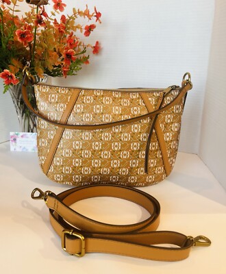 NEW FOSSIL  Skyler  Top Handle Signature Crossbody Bag Saddle White Brass Hardwr
