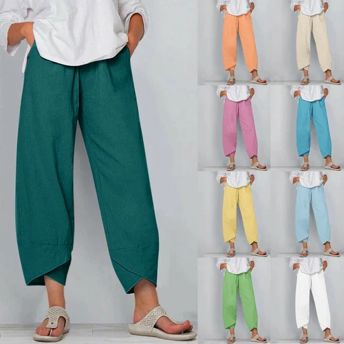New Womens Ladies Cotton Linen Loose Baggy Casual Harem Pants Trousers Plus Size - Picture 2 of 35