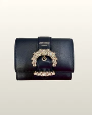 NEW - Jimmy Choo Black Leather Trifold Wallet Crystal Jewel Card Holder Small