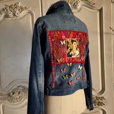 Ashley Vintage Charm Upcycled Denim Frida Kahlo Huipil Jacket Sz M 