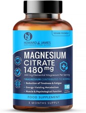 Magnesium Citrate 1480mg - 180 Vegan Capsules not Tablets - Providing 444mg 0.19 per thousand milligrams