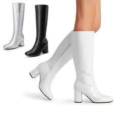 Women Fashion Knee High Boots Low Chunky Heel Square Toe Gogo Boots