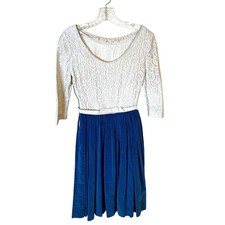 Ivory Lace Fit & Flare Womens Dress XS Rockabilly Knee Length Velvet Vtg Teal