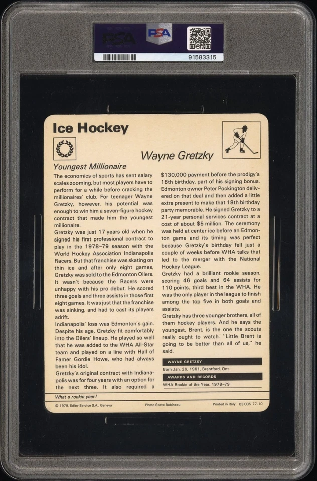 WAYNE GRETZKY SIGNED 1977-79 SPORTSCASTER ITALY #77-10 RC PSA AUTO 10 - Image 2 of 2