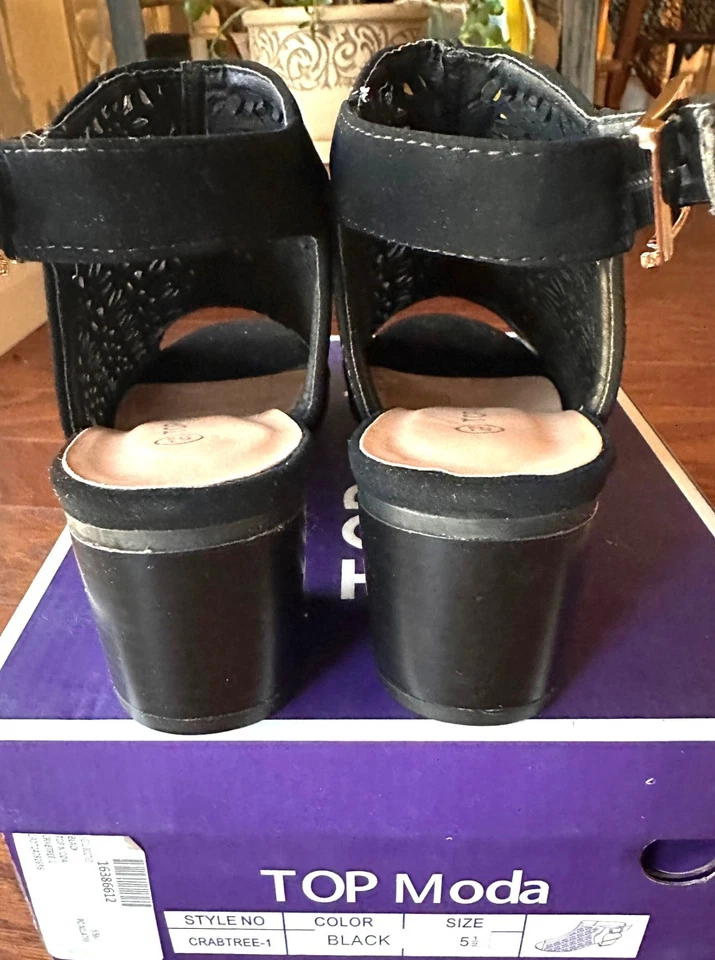 Top Moda Crab Tree black suede perforated peep toe sling back shoes size 5.5M - Image 3 of 4