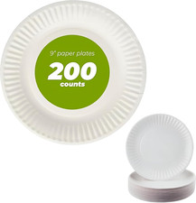 9 Inch Paper Plate Uncoated Plates White, 200Ct