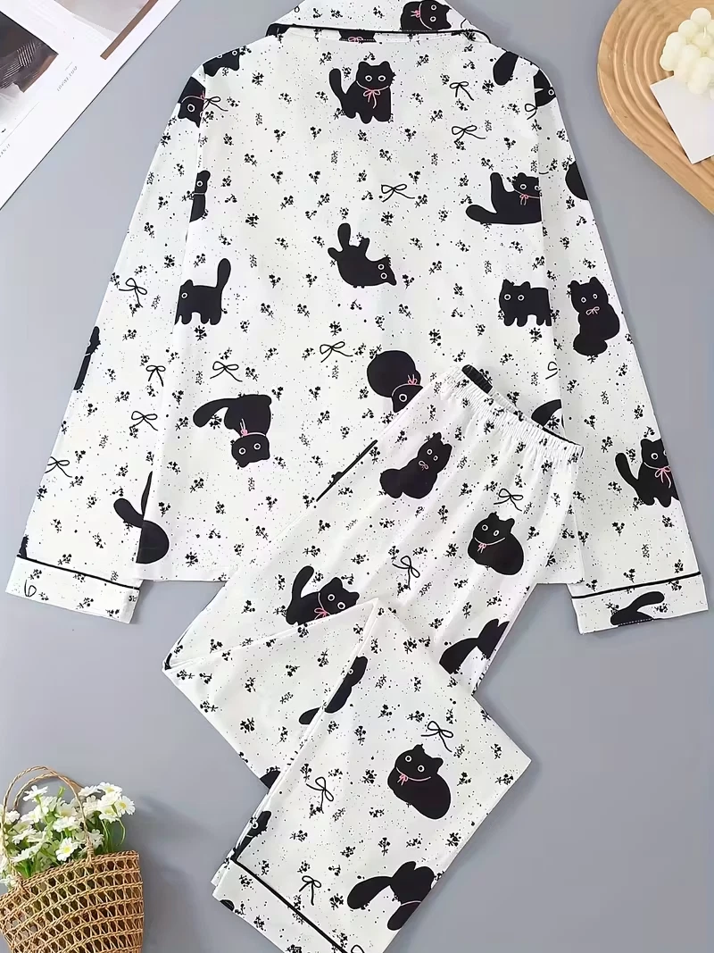 Black Cat Nap Time Poses Long Sleeve Pajama Set 3D All Over Print