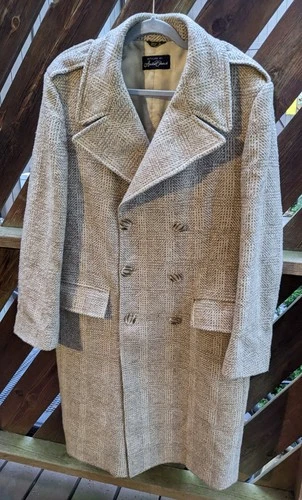 Vtg Andre' Martin Hughes Hatcher Mens Tweed Topcoat Beige Tan Wool Lined Large  - product listing photo