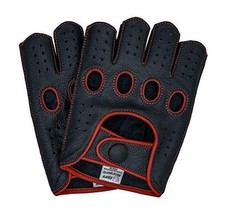 Fingerless Leather Gloves for Men - Driving, Motorcycle, Large Black/Red