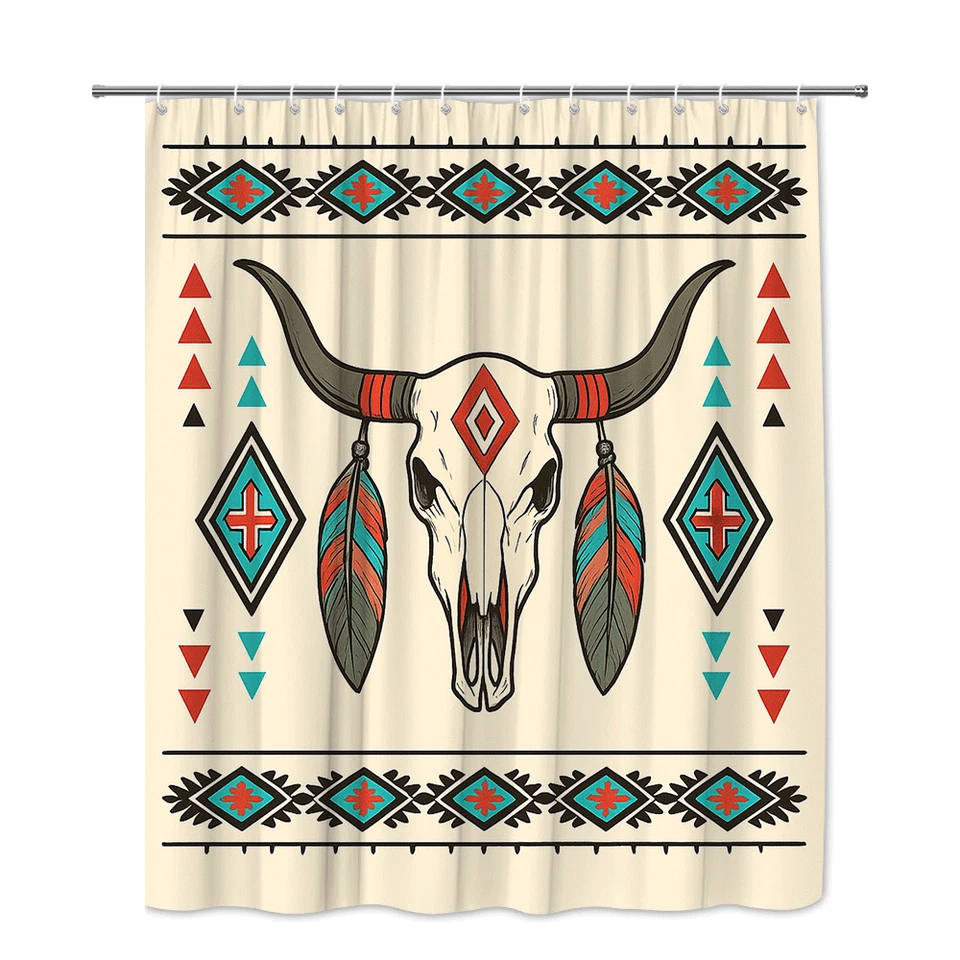 Cortina de Ducha Boho Calavera Vaca con Colorido Patrón Tribal Foto 2 de 4