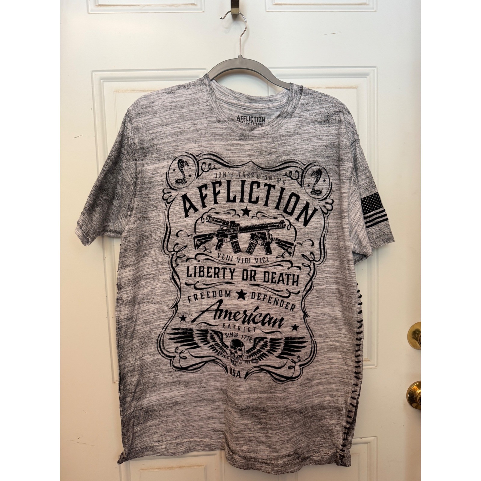 Affliction Mens Freedom Defender T-Shirt Gray Burnout Patriotic Liberty Or Death