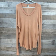 Free People Distressed Raw Hem Long Sleeve Thermal Top Peachy Coral Medium