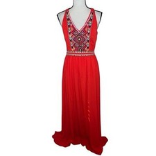 Gianni Bini Women's Embroidered Orange Sleeveless Maxi Dress Sz L